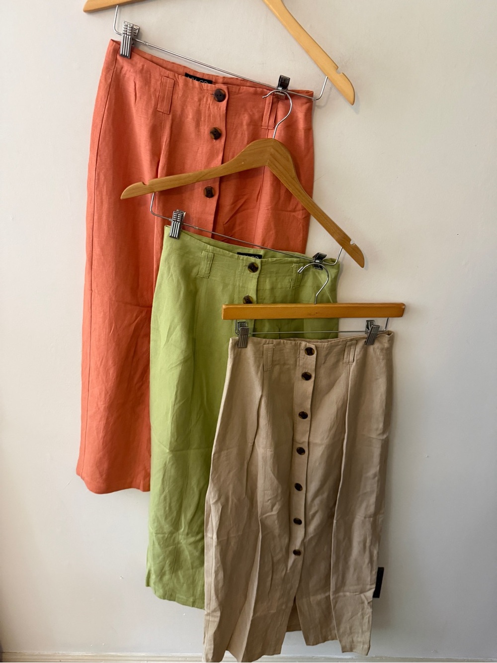 BUNDLE New York & Company Button-Front LINEN Midi Skirts - Coral, Lime, Beige